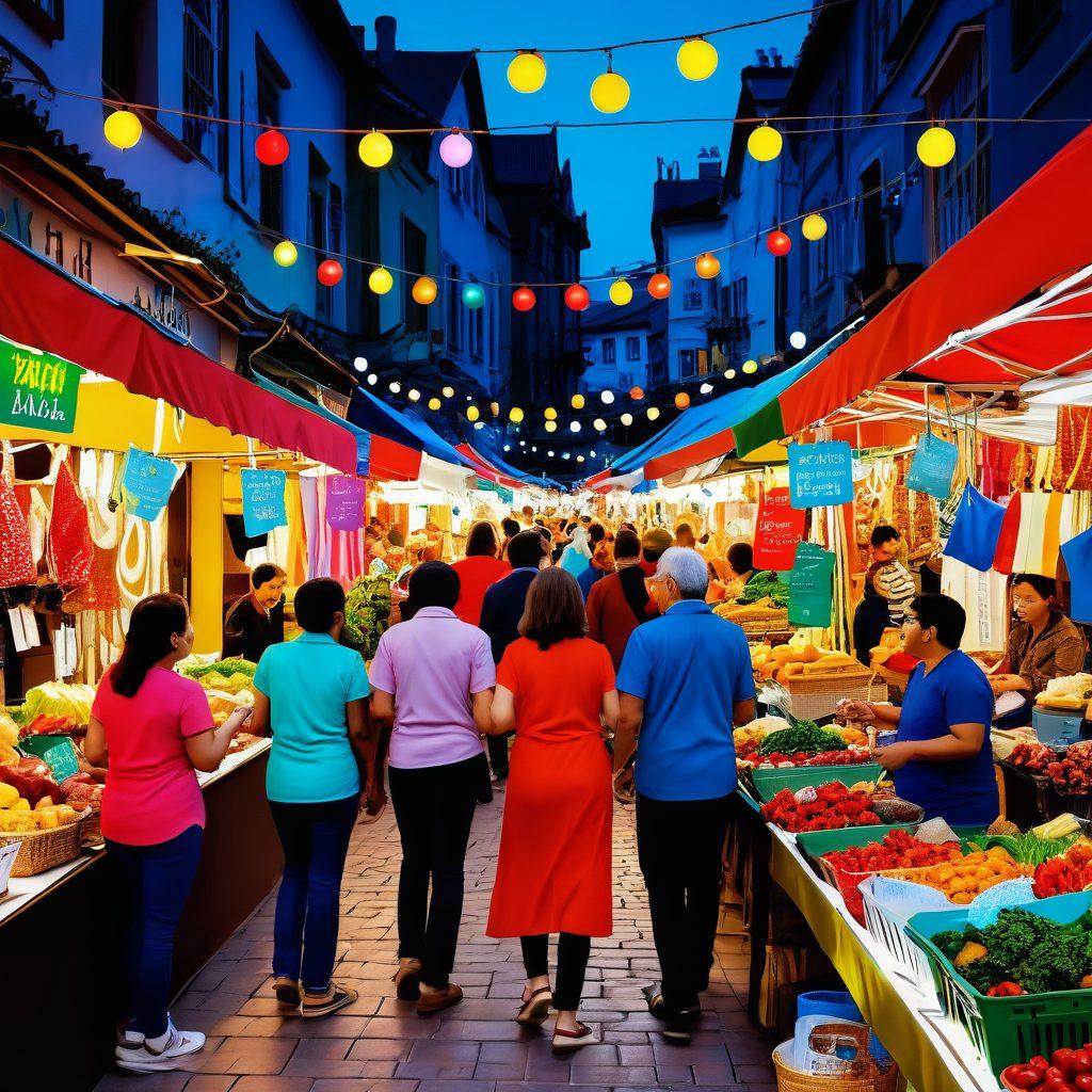 An inviting marketplace scene bustling with shoppers exploring vibrant stalls filled with colorful bulk products, from home goods to pantry staples. Include a diverse group of happy customers discovering discount signs and animatedly discussing their finds. The atmosphere should feel warm and engaging, with an emphasis on the joy of saving money through bulk purchases. Focus on the idea of opportunity amid abundance, surrounded by cheerful decorations and bright lighting. 3D, vibrant colors, and a slightly whimsical style.