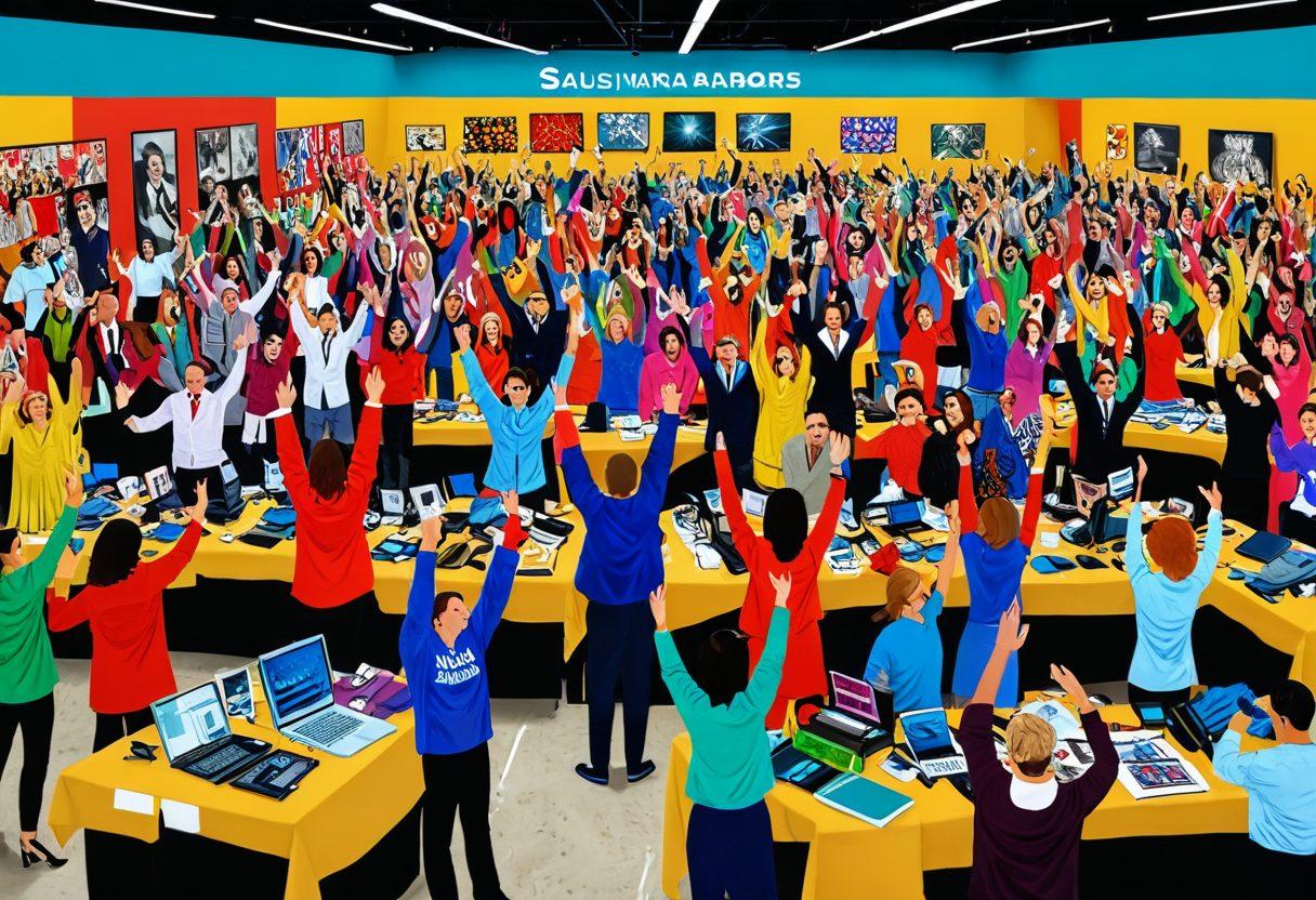 A visually dynamic collage showcasing a bustling auction scene with enthusiastic bidders, vibrant clearance sales signs, and an array of discounted products like electronics, furniture, and clothing. Incorporate elements of excitement with dollar signs and shopping carts, against a backdrop of colorful banners and sale tags. Highlight the thrill of finding hidden treasures and bargaining in a lively atmosphere. super-realistic. vibrant colors. energetic composition.