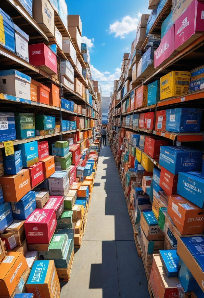 A vibrant marketplace scene, showcasing diverse closeout wholesalers with colorful discount signs, displaying bulk items like electronics, clothing, and home goods. Include customers joyfully exploring aisles filled with boxes and vibrant bargains, and a large, eye-catching 'Unlocking Savings' banner overhead. In the background, feature a sunny day with blue skies. super-realistic. vibrant colors. bustling atmosphere.
